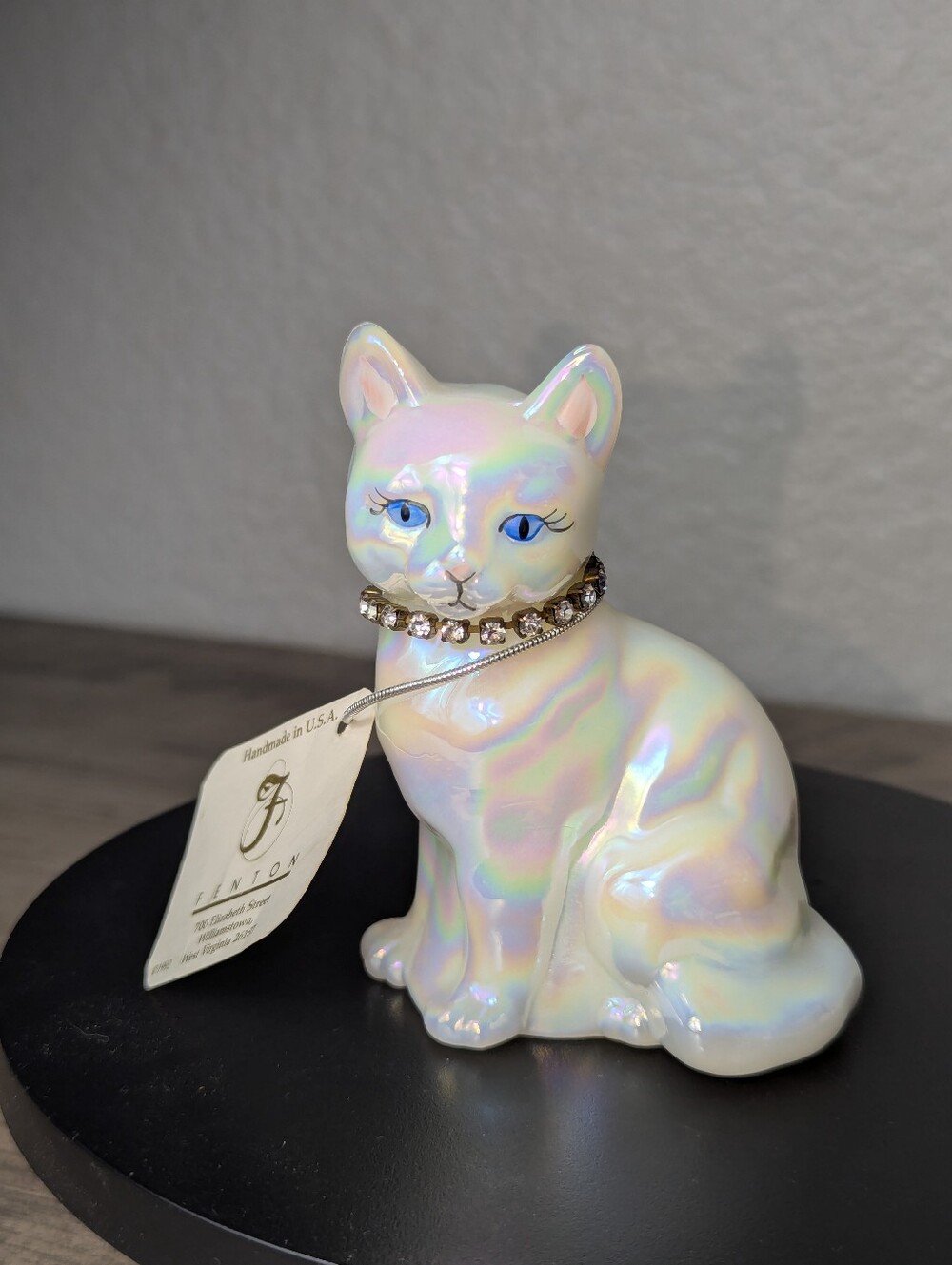 Vintage Fenton Opalescent Cat Glass Figurine With Birthstone Necklace